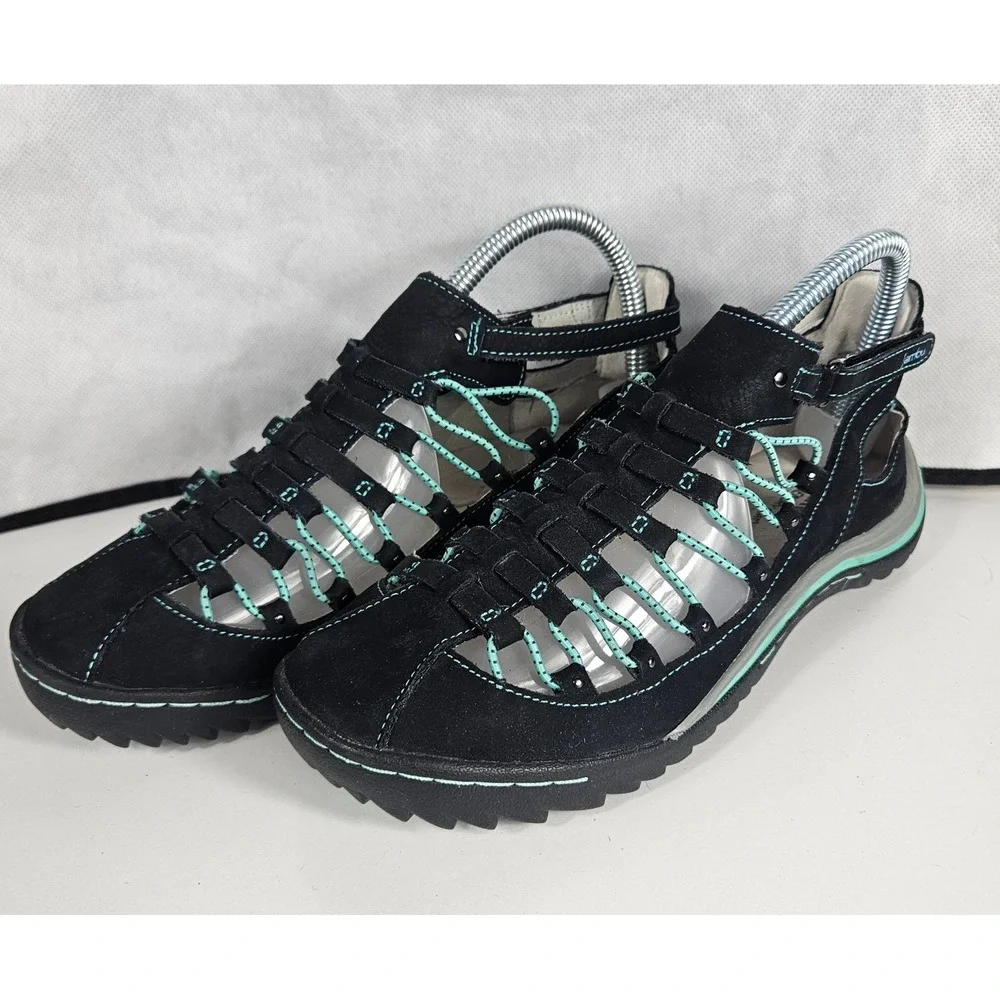 Jambu Bondi All Terra Black Teal Leather Bungee Sandals Womens 7M WJ16BON70